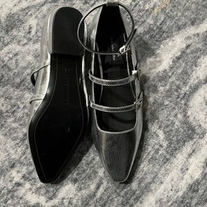 Elegant All Leather Silver Mary Jane Double Strap & Ankle Strap Flat - NEW